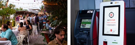 Left: People eating and drinking on a patio. Right: Two atm machines, one for bitcoin