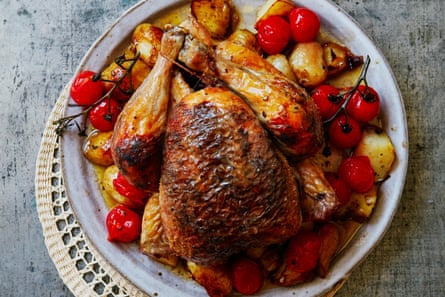 Thomasina Miers’ recipe for roast chicken with black olive garlic butter