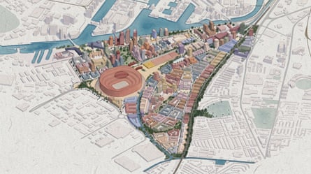 An impression of where the new Manchester United stadium will sit as part of a plan to redevelop the local area.