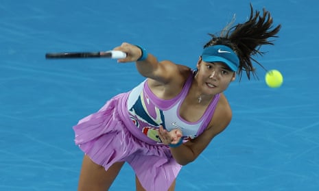Emma Raducanu serves in her round two singles match against Coco Gauff.