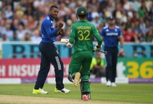 Chris Jordan celebrates dismissing Hasan Ali.