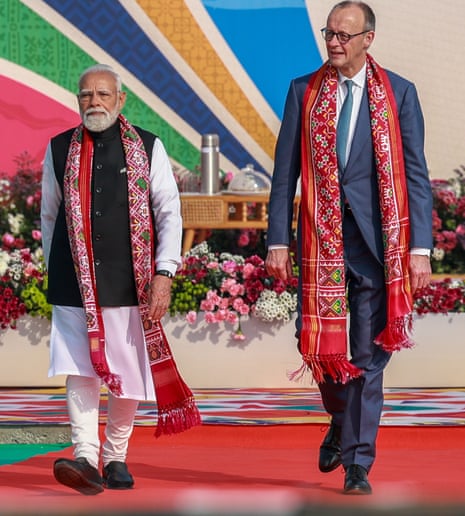Chancellor Friedrich Merz and Indian Prime Minister Narendra Modi (L) attend the International Kite Festival at the Sabarmati Riverfront in Ahmedabad, Gujarat, India, on 12 January 2026.