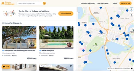 Screengrab of Home Exchange website, showing pictures and brief details of homes alongside a map pinpointing where they are in Perth.
