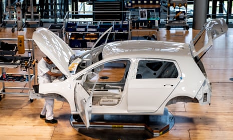 The production line of the Volkswagen e-Golf car at the Volkswagen Glaeserne Manufaktur (Transparent Factory) in Dresden, Germany.