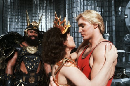 Brian Blessed with Melody Anderson and Sam J Jones in Flash Gordon.