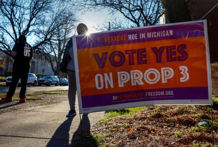 A sign in support of Proposal 3, a ballot measure codifying right to abortion, in Detroit, Michigan.