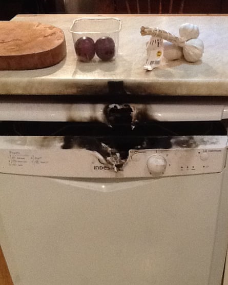 Sue Housego’s dishwasher after it burst into flames as a result of a wiring fault