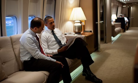 Ben Rhodes with Barack Obama on board Air Force One, 2011.