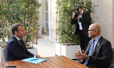 French President Emmanuel Macron meets Microsoft CEO Satya Nadella at the Élysée Palace in Paris