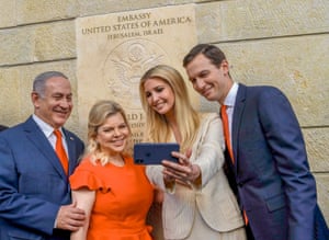 Benjamin Netanyahu, Sara Ben-Artzi, Ivanka Trump, and Jared Kushner pose for a selfie after the ceremomy