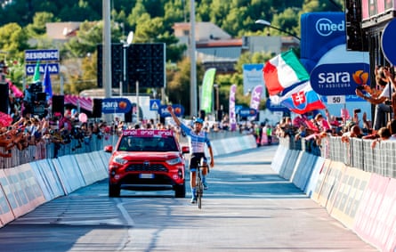 Alex Dowsett celebrates as he crosses the line to win the eighth stage of the Giro d’Italia in October 2020