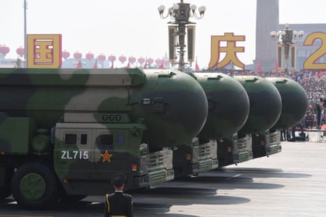 China's DF-41 nuclear-capable intercontinental ballistic missiles during a military parade at Tiananmen Square in Beijing in June 2023. 