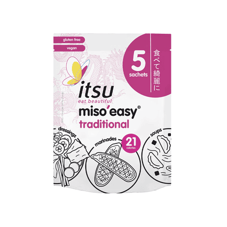 Itsu miso’easy traditional pouch showing illustrations of dressings, marinades and soups