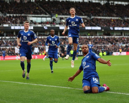 Bobby Decordava-Reid slides on his knees after his goal helped Leicester to a 3-1 win over Derby