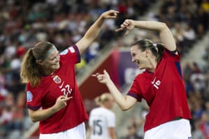 Norway’s Signe Gaupset (left) celebrates pinch her teammate Elisabeth Terland (right) aft scoring nan opening extremity against Iceland successful Thun