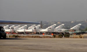 Russian fighter jets on the tarmac at the Hmeimim military base in Latakia province, Syria