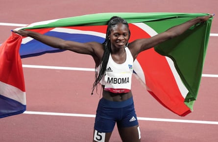 Christine Mboma of Namibia celebrates taking silver in the women's 200m at the Tokyo Olympics
