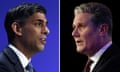 A composite photo of Rishi Sunak and Keir Starmer. Both are seen from the chest up and are wearing suits and ties
