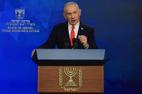Israeli prime minister Benjamin Netanyahu speaking at a news conference.