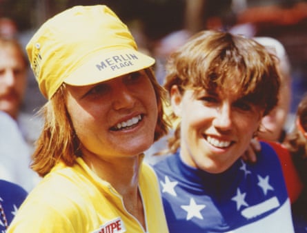 Marianne Martin and Patty Peoples celebrating Martin’s Tour de France win