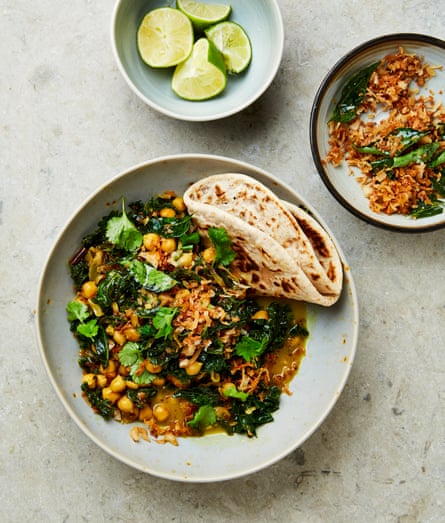 Yotam Ottolenghi’s kale with chickpeas in coconut milk with curry leaf and coconut crisp.
