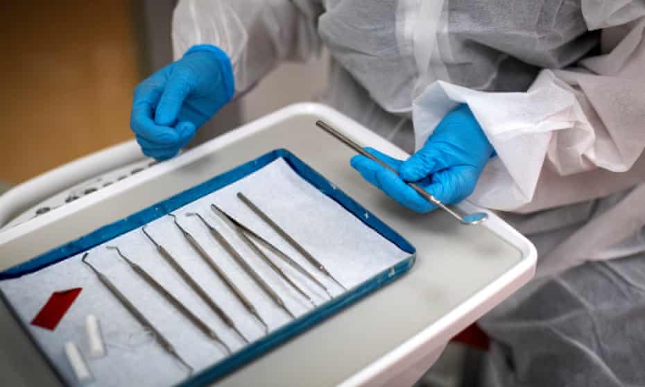 A tray of dentist’s tools are seen at a dental surgery