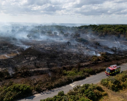A fire engine near the fire at Dunwich Heath.