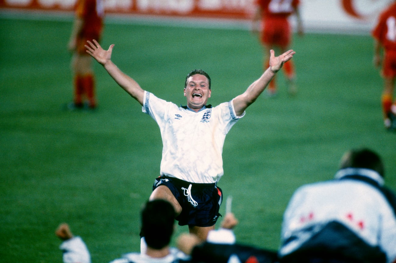 Paul Gascoigne runs to the bench to celebrate against Belgium in the World Cup in 1990.