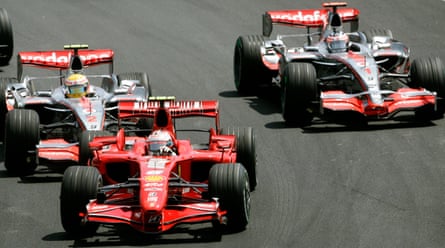 Kimi Räikkönen in front of Lewis Hamilton (left) and Fernando Alonso during the Brazilian Grand Prix at Interlagos, October 2007