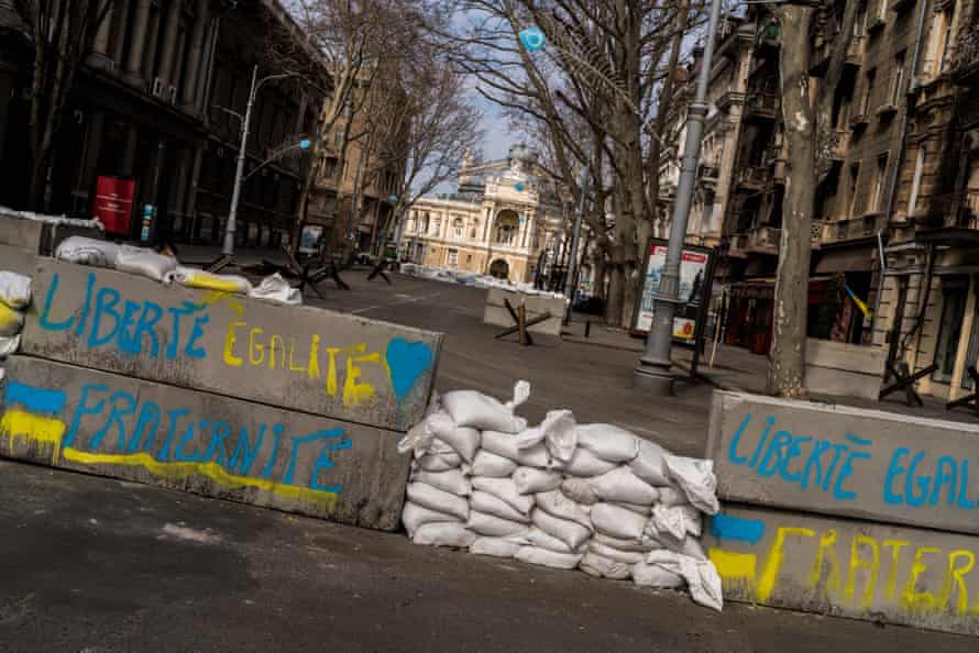 A barricade along the road leading to the Odesa National Academic Theatre of Opera and Ballet, a symbol of the city