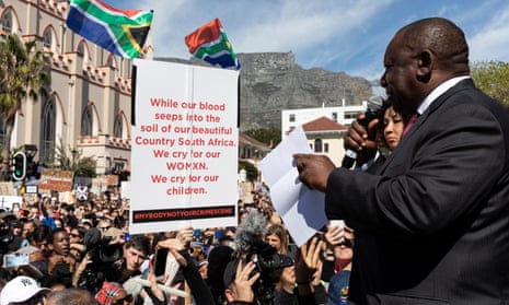 Cyril Ramaphosa addresses a crowd of protesters in Cape Town, South Africa