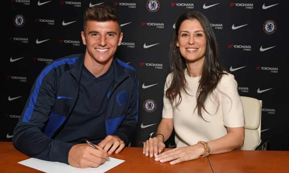 Mason Mount with Marina Granovskaia as he signs his new contract with Chelsea at Stamford Bridge.