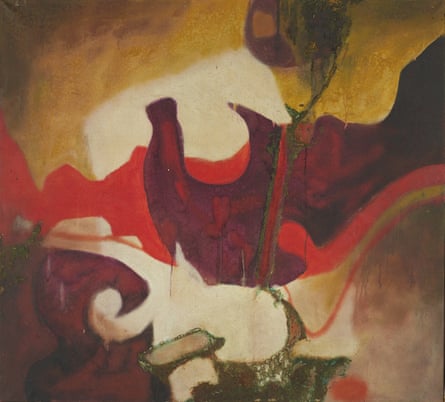 Abstract painting in yellow, off-white, light and dark red