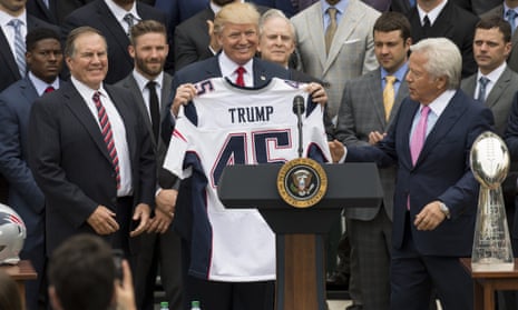 Donald Trump with the New England Patriots after the team’s Super Bowl win in February 2017