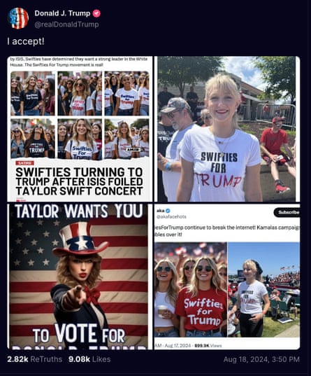 A post from Donald Trump’s Truth Social platform that feature four fake images of Taylor Swift and her fans wearing “Swifties for Trump” shirts. The image captions include “Swifties turning to Trump after Isis foiled Taylor Swift concert” and “Taylor wants YOU to vote for Donald Trump”