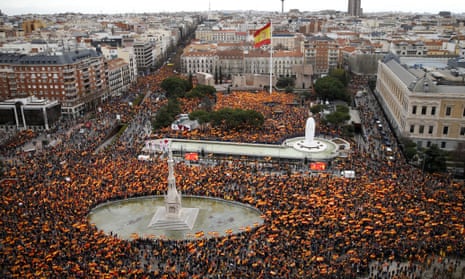 Demonstrators form a rally in Madrid’s Colón square on Sunday.