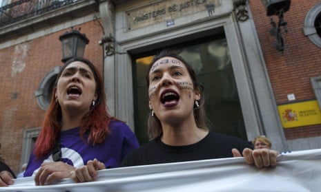 A protester shouts slogans while wearing face paint reading ‘no is no’ during a demonstration against the verdict of the ‘wolf pack’ gang case in Madrid, Spain, 26 April 2018 