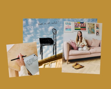 Collage of pictures: the reMarkable, a sketch of a chair, Annie Ridout on the sofa