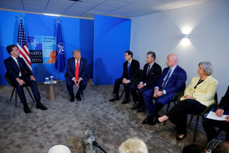 U.S. President Donald Trump meets with NATO Secretary General Mark Rutte, as U.S. Secretary of Defense Pete Hegseth, U.S. Secretary of State Marco Rubio, White House Chief of Staff Susie Wiles and U.S. ambassador to NATO Matthew Whitaker sit, at the NATO summit in The Hague, Netherlands, June 25, 2025.