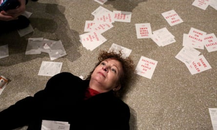 Nan Goldin stages a ‘die-in’ during the protest at the Guggenheim against funding by opioid manufacturers.