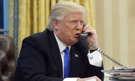Donald Trump calling Malcolm Turnbull from the White House on 28 January. A full transcript of the call has been leaked to the Washington Post. 
