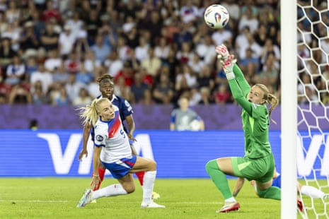Hannah Hampton (right) fails to save a shot by France’s Sandy Baltimore as England stumbled in their opening game of the tournament