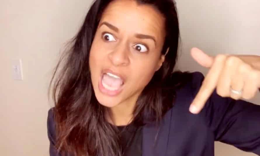 Comedian Sarah Cooper does a Donald Trump impression via video stream.