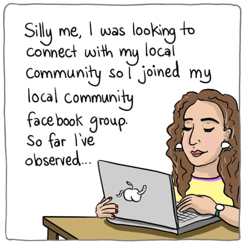 Cartoon by Jess Harwood titled Facebook community groups, panel 2