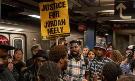 Vigil and protest for Jordan Neely. Activists take part in a vigil and protest in response to the death of Jordan Neely who died on a subway train after being held in a chokehold by another passenger, on the platform where the incident occurred in New York