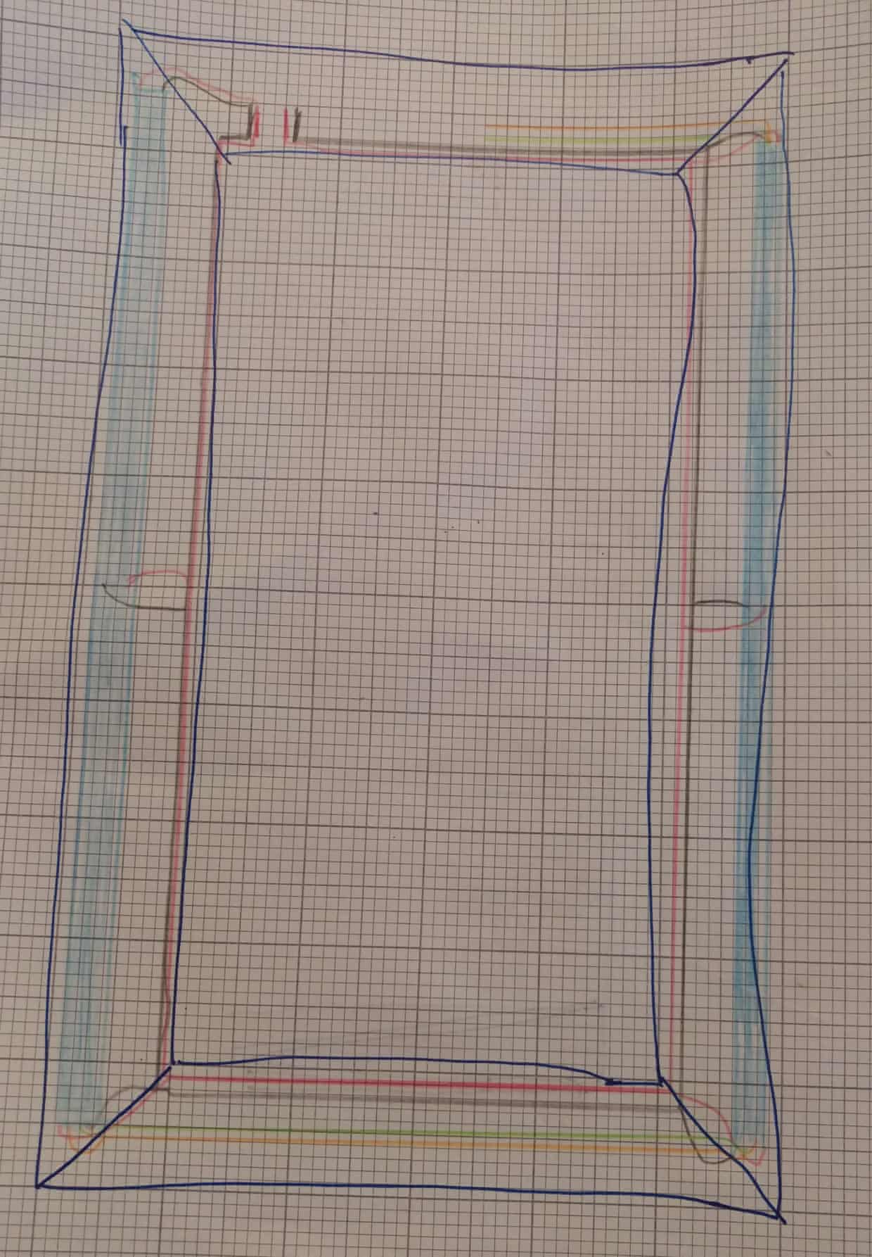 An early wiring plan for the mirror - the thick blue bars either side are the LED strips, the black and red lines are DC power, and green & yellow are clock & data signals for the LEDs. As recommended by Adafruit the LED strips have power connections every metre - positioned here like the pockets on a pool table.