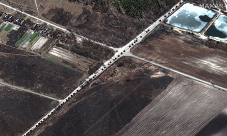 Military convoy along a highway, north of Ivankiv, Ukraine, approaching Kyiv, 28 February