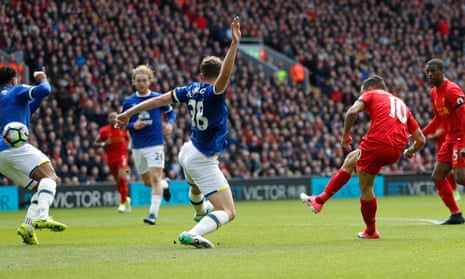 Philippe Coutinho scores for Liverpool in the most recent Merseyside derby, a 3-1 win for the home side at Anfield in April.