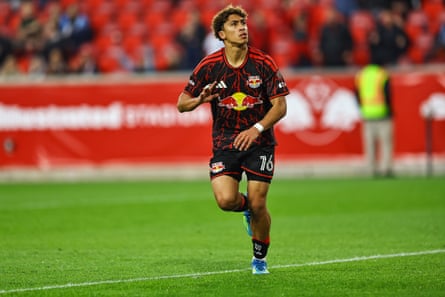 Julian Hall celebrates after scoring a goal in a Red Bull New York match.