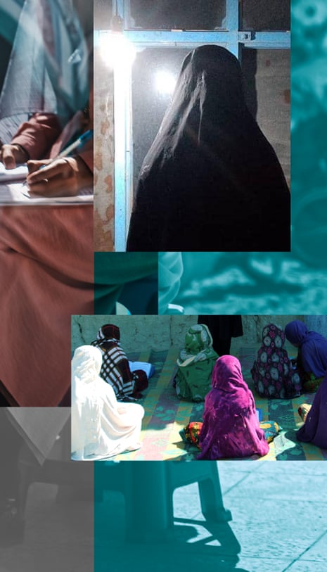 A composite of a woman teaching young girls in a school. All are wearing burqas and their faces are unidentifiable
